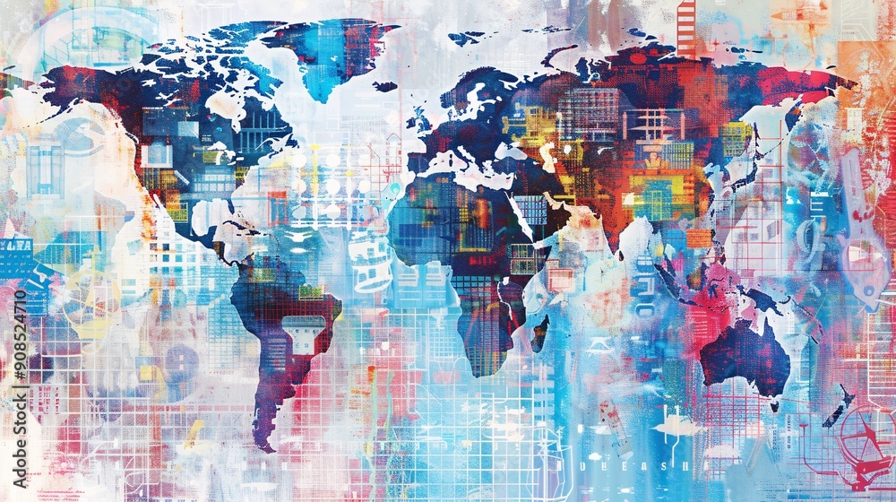 Naklejka premium Globalization Network: Abstract Digital Art of Interconnected World Maps and International Trade Symbols