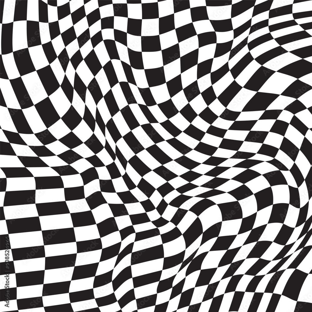 Checkered background with distortion effect. Abstract black and white background, distorted groovy twisted grid. Chessboard surface as abstract banner with distortion. Checkered background with distortion effect. Abstract black and white background, distorted groovy twisted grid. Chessboard surface as abstract banner with distortion.