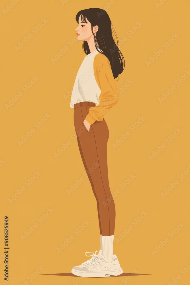 Minimalism illustration, an Asian woman, wearing a performance long-sleeve top with capri leggings and athletic sneakers, standing with a relaxed, active pose, sporty fashion, boho, flat illustration Minimalism illustration, an Asian woman, wearing a performance long-sleeve top with capri leggings and athletic sneakers, standing with a relaxed, active pose, sporty fashion, boho, flat illustration
