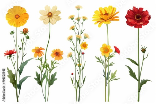 Collection of 2D and 3D Vector Flat Abstract Minimalistic Art of Flowers and Meadow Isolated on a White Background