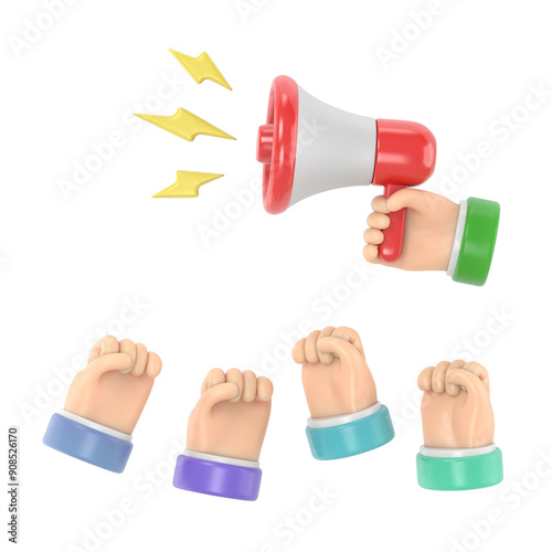 Cartoon hands of demonstrants and hand with Megaphone,protest concept,revolution,conflict,3d illustration in flat design .Supports PNG files with transparent backgrounds. photo