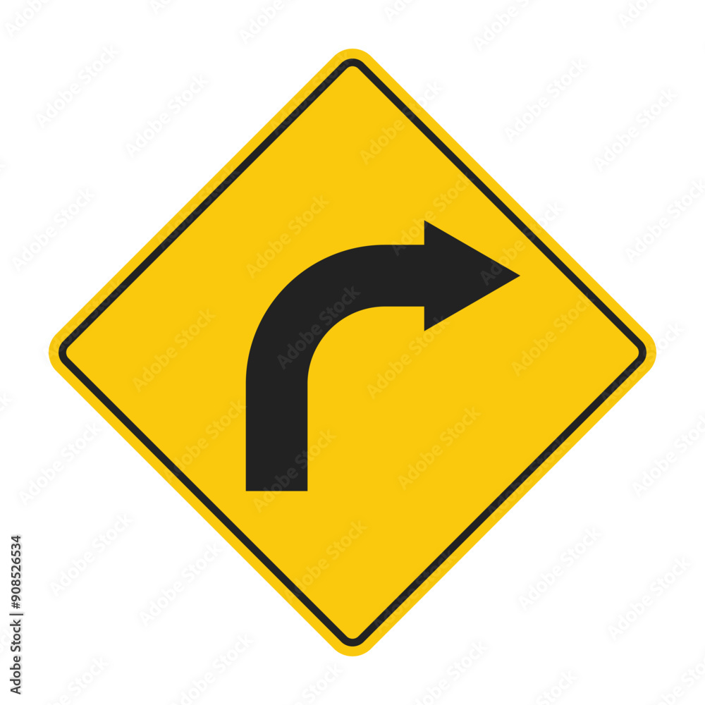 Isolated turn right with caution in yellow diamond shape traffic sign label Isolated turn right with caution in yellow diamond shape traffic sign label