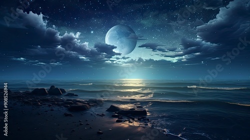 Starry sky and a full moon over the sea