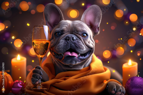 Funny French Bulldog with Champagne Glass