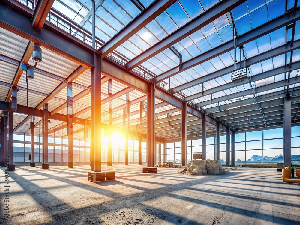 Bright sunlight illuminates a modern, empty indoor construction site office building with steel beams, concrete floors, and industrial equipment, showcasing industrial development progress. Bright sunlight illuminates a modern, empty indoor construction site office building with steel beams, concrete floors, and industrial equipment, showcasing industrial development progress.