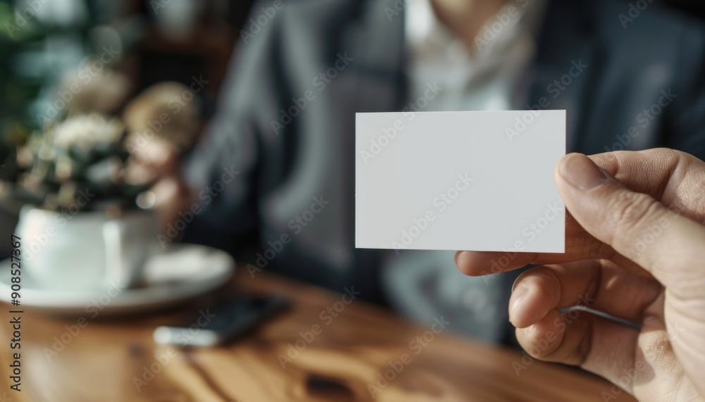 Obraz premium A man is holding a business card up high in front of a woman who is sitting at a table