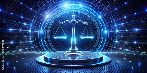 Sleek AI icon on a futuristic virtual screen, resembling the scales of justice, symbolizing fairness and balance in technological advancements and data driven decisions. photo