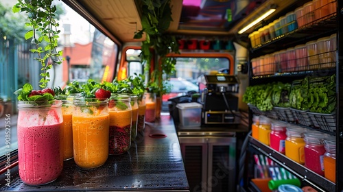Fresh Smoothie Blending in Colorful Food Truck Atmosphere