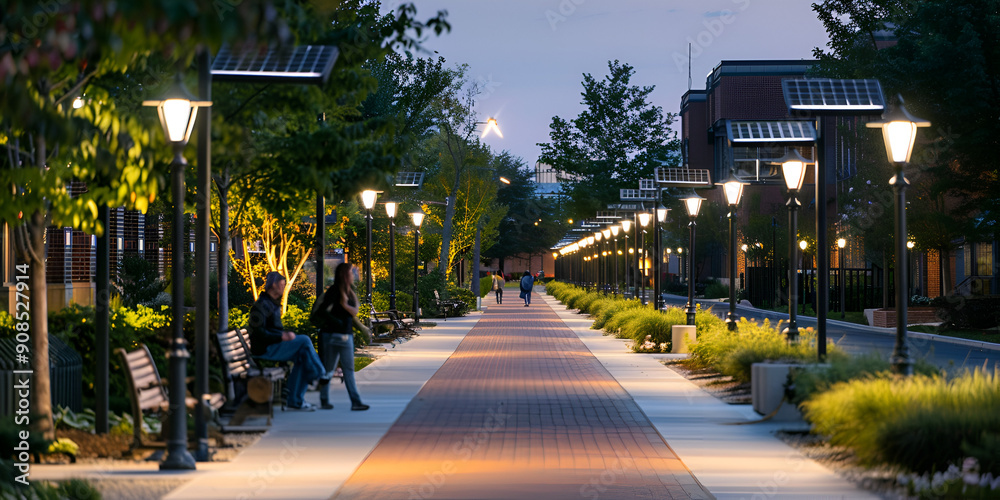 Naklejka premium Urban Park at Dusk: A Serene Evening Walk, Cityscape Serenity: A Quiet Night in the Park, dawn view 