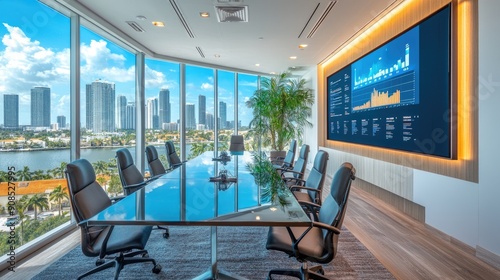 A large conference room with a panoramic city view, featuring a long glass table surrounded by ergonomic chairs. The room is equipped with state-of-the-art video conferencing technology and a