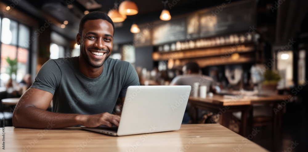 smiling african american man with laptop in cafe background smiling african american man with laptop in cafe background