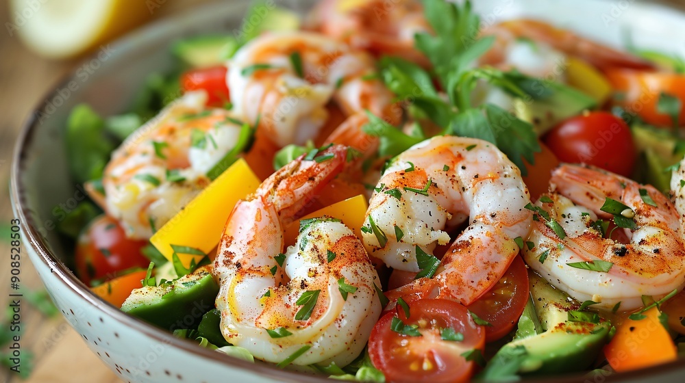 Fresh and Vibrant Seafood Salad with Shrimp, Avocado, and Tomatoes