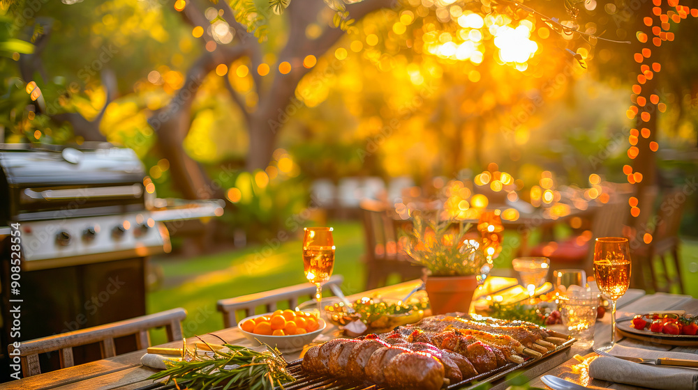 Delicious barbecue dinner is waiting on a wooden table in a garden at sunset Delicious barbecue dinner is waiting on a wooden table in a garden at sunset