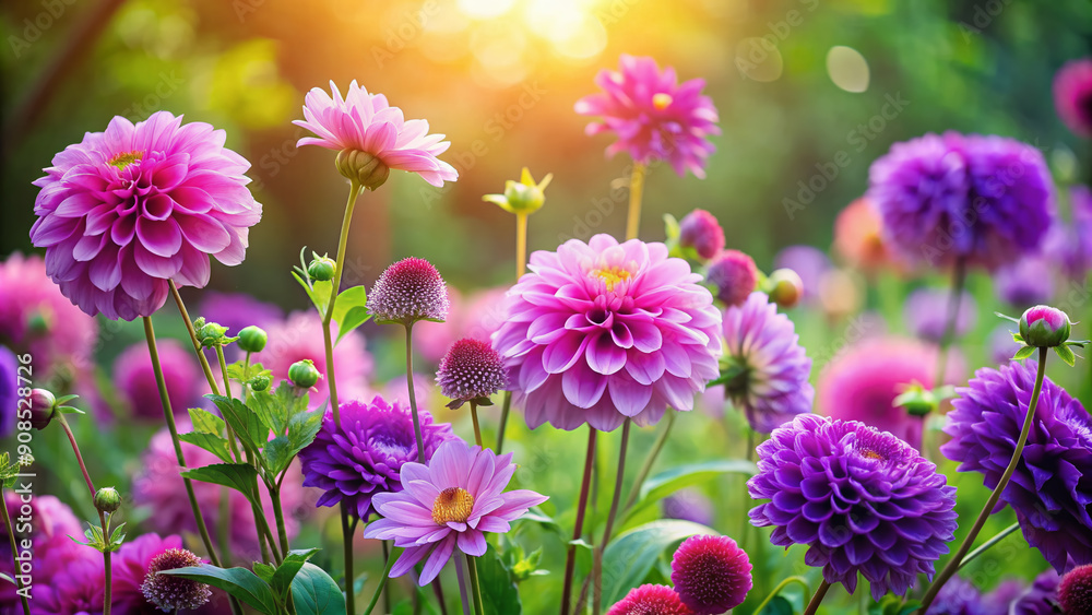 Fototapeta premium Vibrant purple and pink flowers bloom in harmony, surrounded by lush greenery, against a soft focus background, evoking feelings of serenity and whimsical beauty.
