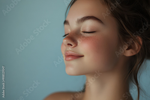 A close up of a girl's face with her eyes closed