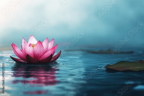 A serene pink lotus flower floating on water with a misty blue background, creating an ethereal light and zen atmosphere. High-resolution professional photograph.