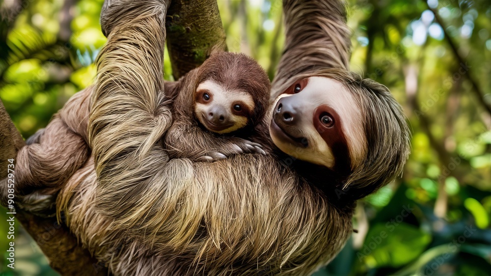 A baby sloth clings to its mother as it moves slowly through the lush canopy of a rainforest, surrounded by the life and vibrant colors of the forest. A baby sloth clings to its mother as it moves slowly through the lush canopy of a rainforest, surrounded by the life and vibrant colors of the forest.
