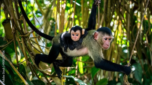 A baby capuchin monkey clings to its mother as it swings amid dense jungle vines, with sunlight filtering through the leaves. photo