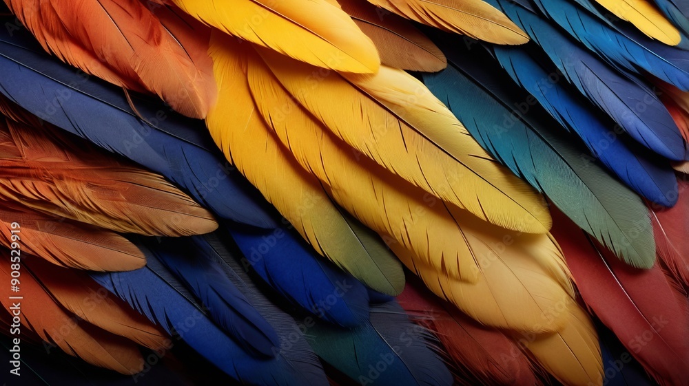Fototapeta premium Vibrant feather texture, blue and yellow macaw feathers, masterpiece of nature's colors, background