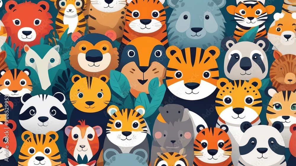 Obraz premium Cartoon faces of various animal species, patterns and backgrounds.