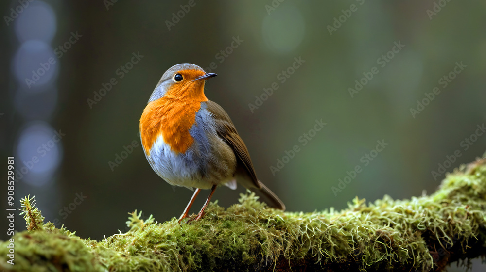 Fototapeta premium A red-breasted robin perches on a garden branch, its orange beak contrasting against lush green foliage