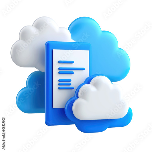 3D illustration of blue and white clouds surrounding a document, representing cloud storage and document management. The design emphasizes digital file storage and accessibility in a cloud environment