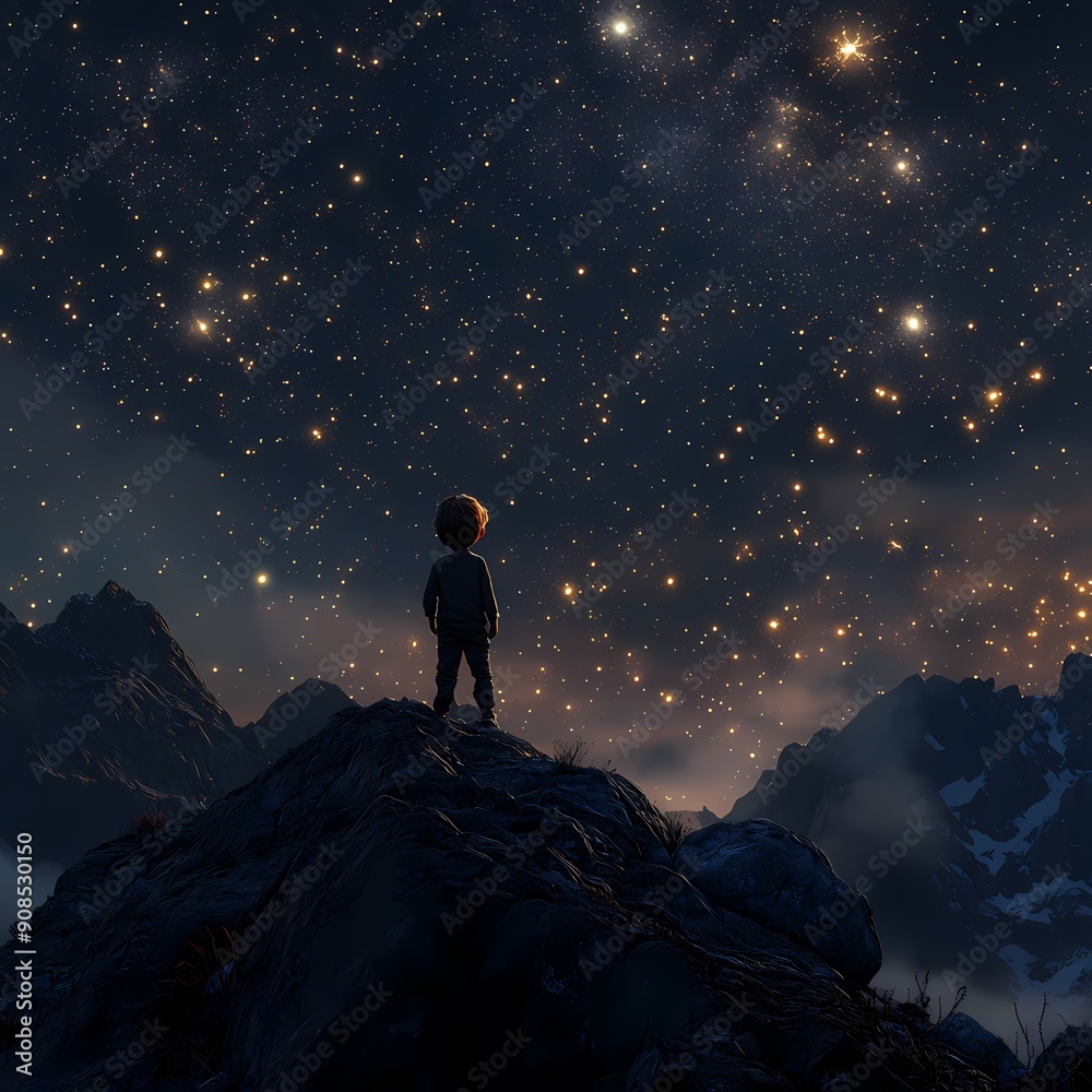 A child is looking up at the stars in the sky on the top of the mountain. A child is looking up at the stars in the sky on the top of the mountain.