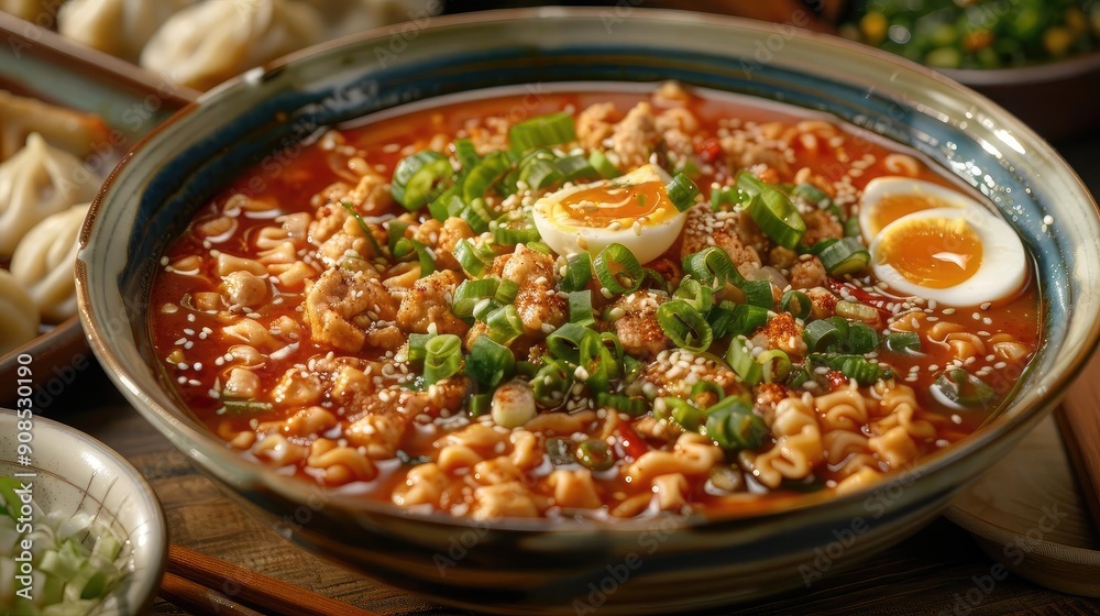 A vibrant bowl of spicy noodles topped with green onions and a soft-boiled egg, perfect for a delicious meal. A vibrant bowl of spicy noodles topped with green onions and a soft-boiled egg, perfect for a delicious meal.