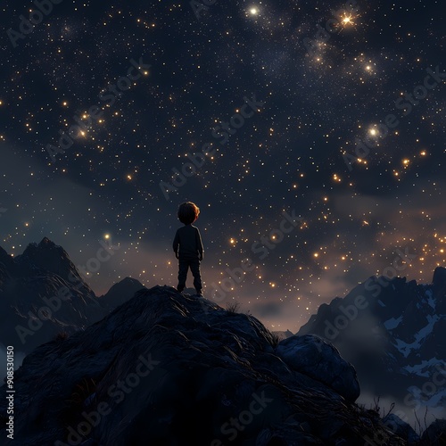 A child is looking up at the stars in the sky on the top of the mountain.