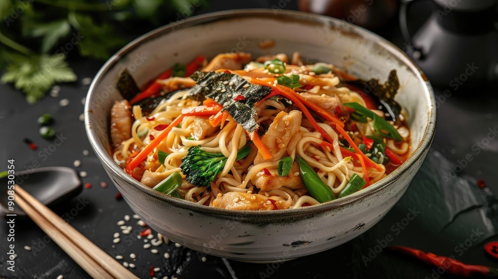 Delicious bowl of stir-fried noodles with vegetables and chicken, garnished with herbs and spices, perfect for Asian cuisine lovers. Delicious bowl of stir-fried noodles with vegetables and chicken, garnished with herbs and spices, perfect for Asian cuisine lovers.