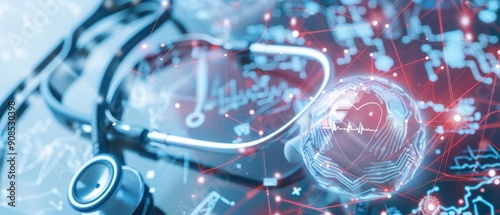 Modern explosion of medical technology, with devices like stethoscopes, thermometers, and ECG machines flying in an empty space
