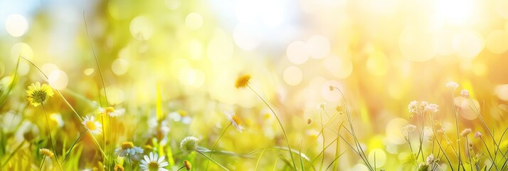 Abstract spring summer landscape background featuring fresh green grass, vibrant flowers, and sunny sky. Soft pastel colors blend together in a serene scene.