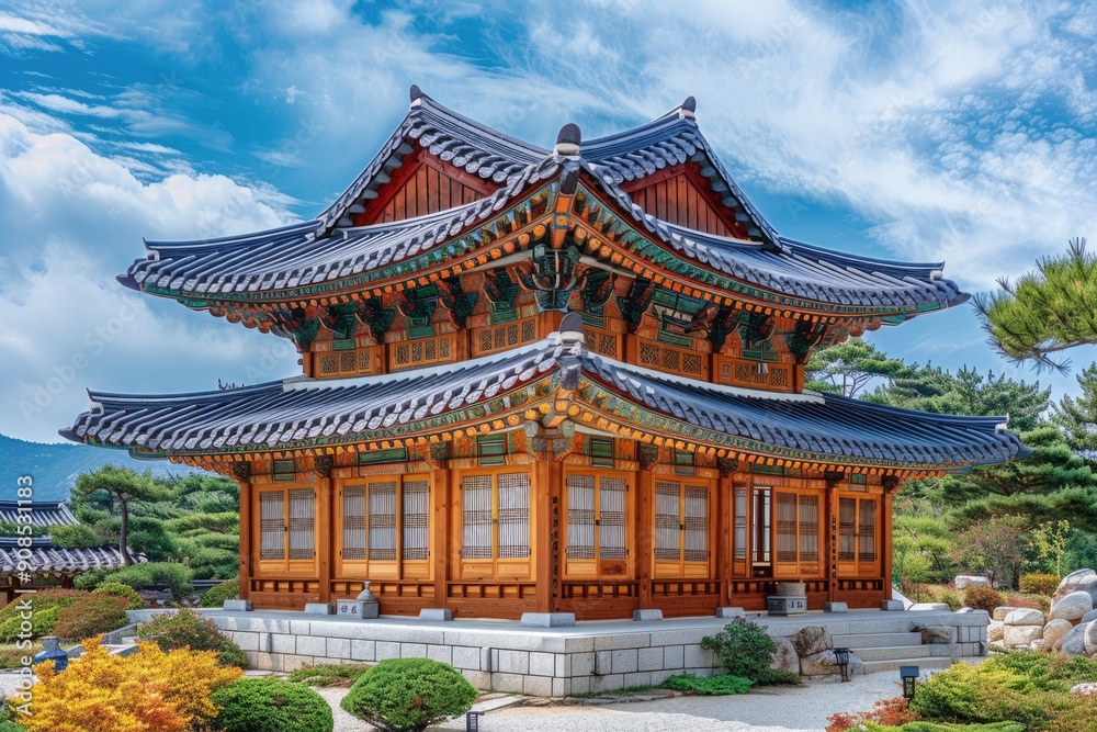 A beautiful display of traditional Korean wooden architecture with ornate details, showcasing cultural heritage.