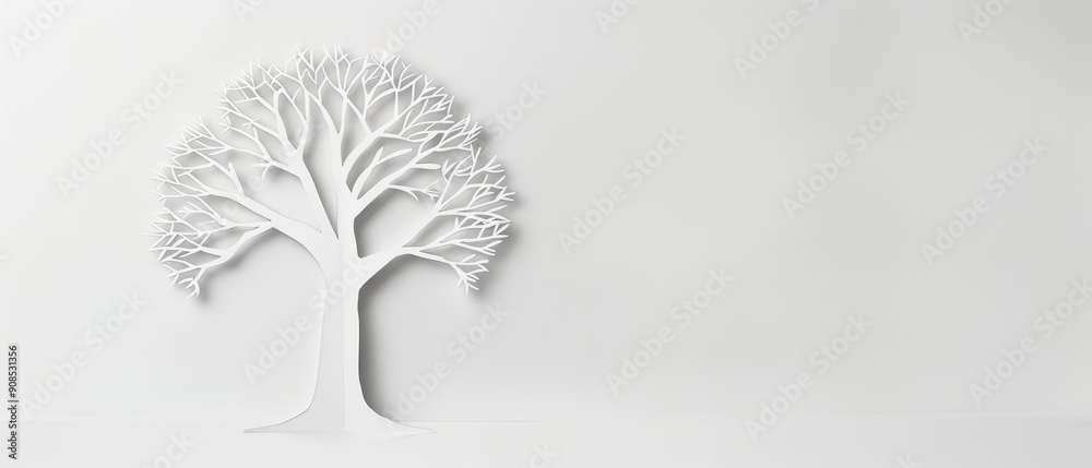 Naklejka premium Paper art tree in winter, adorned with bare branches and a light dusting of snow, sunlight filtering through