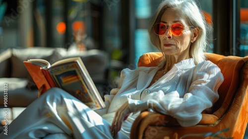 An elegantly dressed elderly woman with gray hair and orange tinted glasses is reading a book photo