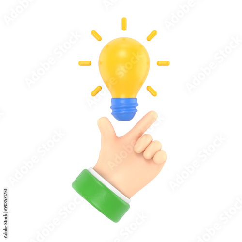 Pointing finger up on bulb as a symbol big idea. Having new creative idea. Problem solution metaphor.3d illustration flat design. Thinking processes. Hand gesture Like.Supports PNG files with transpar photo