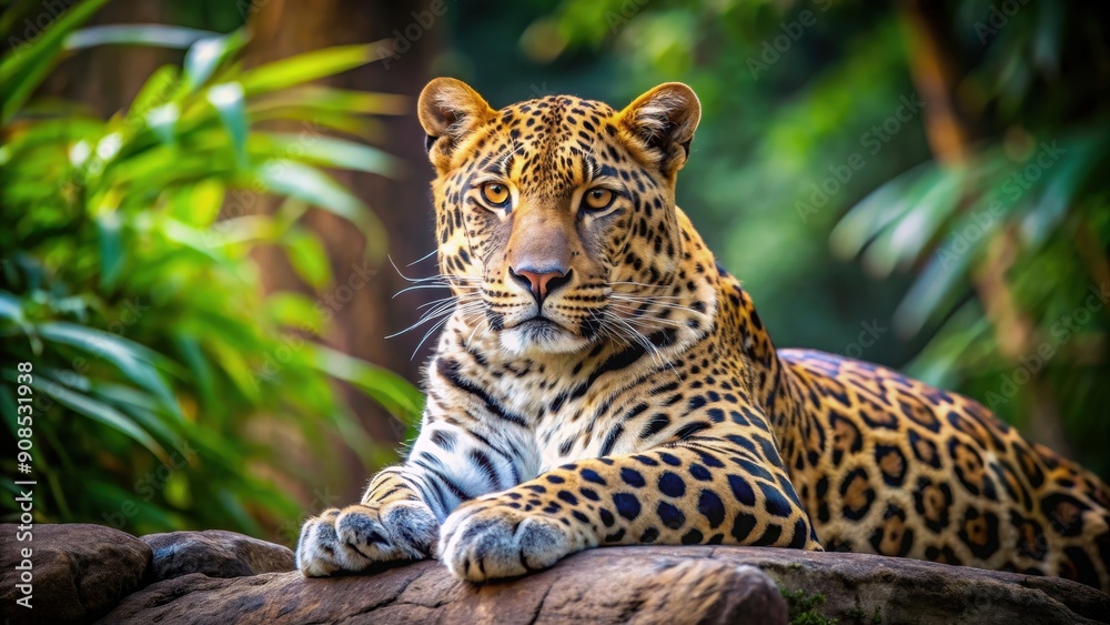 Fototapeta premium A majestic leopard resting in its natural habitat, wildlife, predator, feline, safari, animal, nature, spotted, beautiful