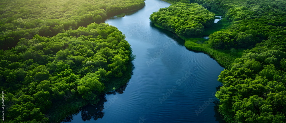 Aerial wide view over North America, Serene river meanders through lush green valley, mirroring mountains in tranquil waters under a vast blue sky Aerial wide view over North America, Serene river meanders through lush green valley, mirroring mountains in tranquil waters under a vast blue sky