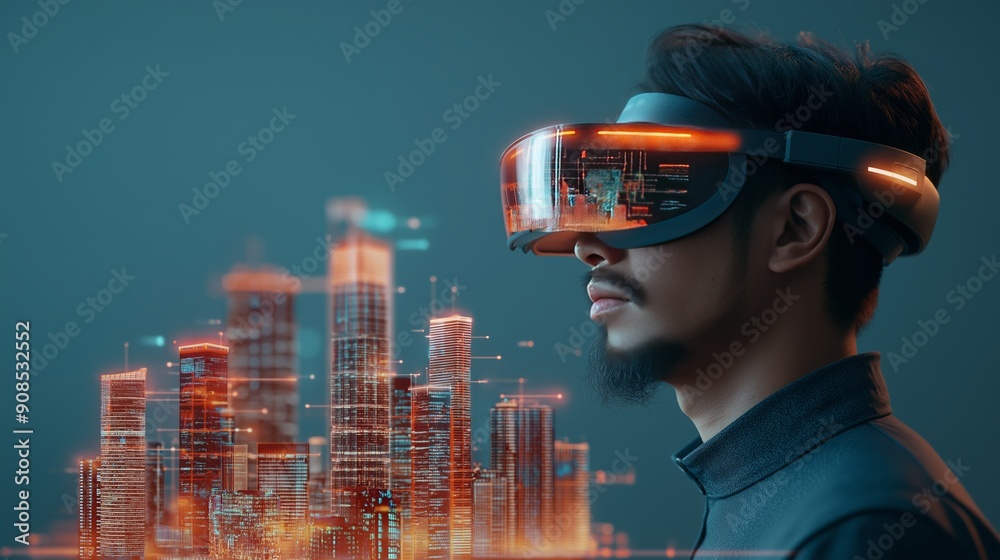 A man explores virtual reality with futuristic goggles, surrounded by a digital cityscape, merging technology with imagination. A man explores virtual reality with futuristic goggles, surrounded by a digital cityscape, merging technology with imagination.
