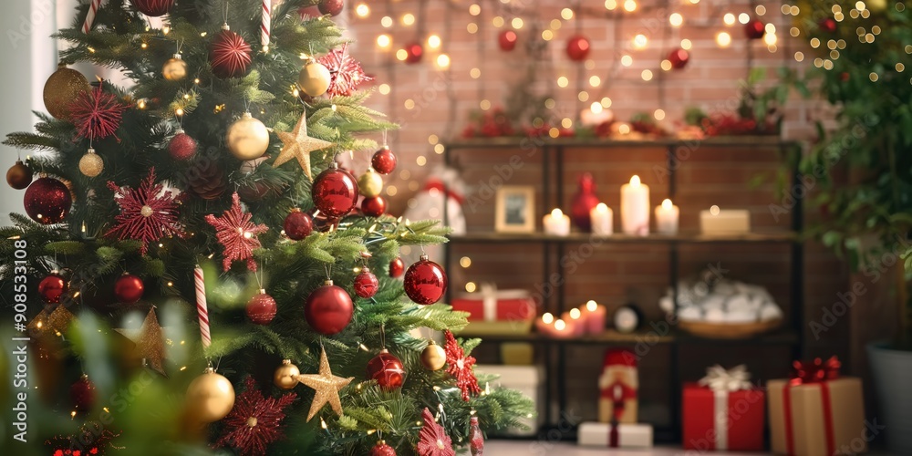Cozy Christmas scene with decorated tree, red gold ornaments, soft light. Bookshelf with vase flowers, bowl fruit, fireplace, festive wreath. Warm inviting atmosphere. Cozy Christmas scene with decorated tree, red gold ornaments, soft light. Bookshelf with vase flowers, bowl fruit, fireplace, festive wreath. Warm inviting atmosphere.