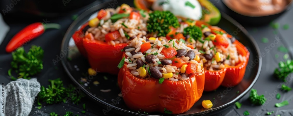 Colorful stuffed bell pepper dish filled with rice, beans, and vegetables, garnished with herbs. A healthy and delicious meal. Colorful stuffed bell pepper dish filled with rice, beans, and vegetables, garnished with herbs. A healthy and delicious meal.
