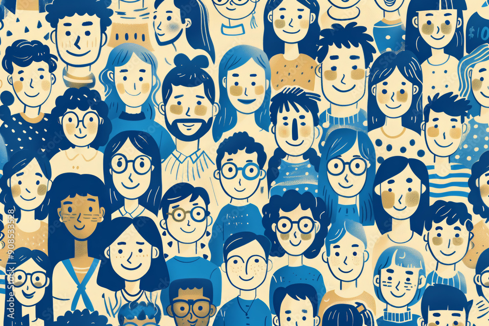 Cheerful Collection of Smiling Characters in Blue and Beige Patterns Celebrating Joy and Unity in a Whimsical Artistic Expression Cheerful Collection of Smiling Characters in Blue and Beige Patterns Celebrating Joy and Unity in a Whimsical Artistic Expression