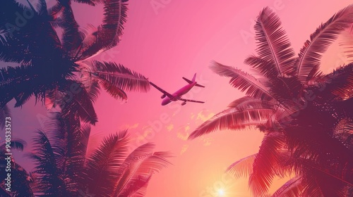 Airplane Flying Over Palm Trees at Sunset