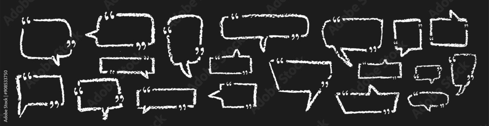 Set of speech bubbles drawn by crayon pencil with quote mark. Collection of hand drawn chalk elements. Charcoal white text box collection for quote. Vector pastel clouds for speak in doodle stile. Set of speech bubbles drawn by crayon pencil with quote mark. Collection of hand drawn chalk elements. Charcoal white text box collection for quote. Vector pastel clouds for speak in doodle stile.