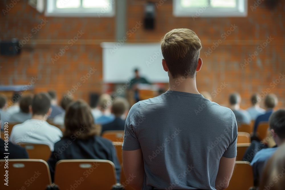 Male speaker stands at podium in university conference hall addressing audience of students and professionals. Rear view of participants engaged in discussion and taking notes. Male speaker stands at podium in university conference hall addressing audience of students and professionals. Rear view of participants engaged in discussion and taking notes.