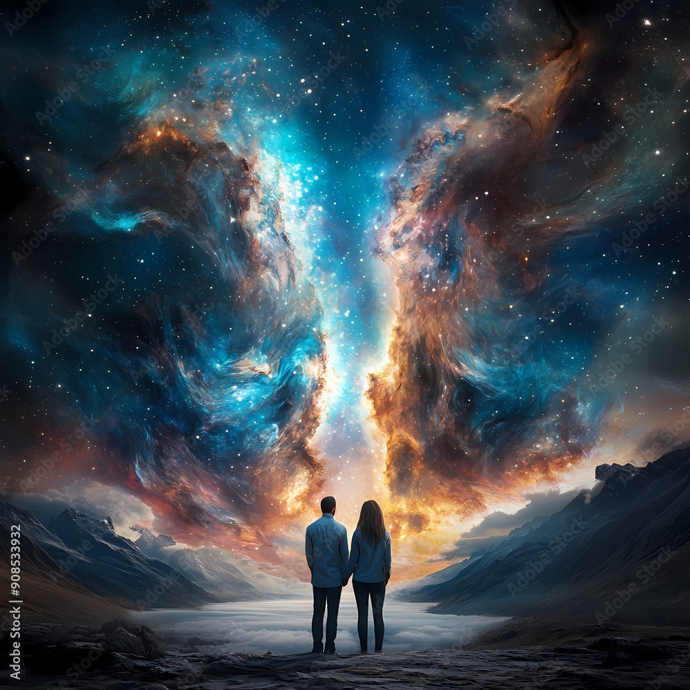 A couple is looking up at the stars in the sky A couple is looking up at the stars in the sky