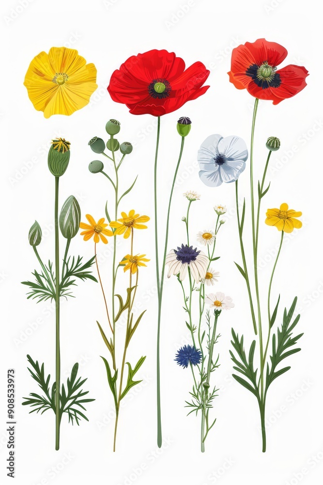 Fototapeta premium Collection of 2D and 3D Vector Flat Abstract Minimalistic Art of Flowers and Meadow Isolated on a White Background