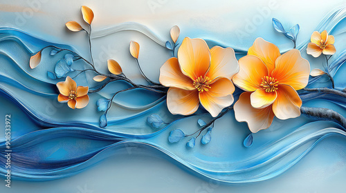 Fototapeta Naklejka Na Ścianę i Meble -  Elegant colorful with vibrant flower hanging branches illustration background. Bright color 3d abstraction wallpaper for interior mural