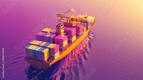 Container Ship Sailing on a Purple Sea