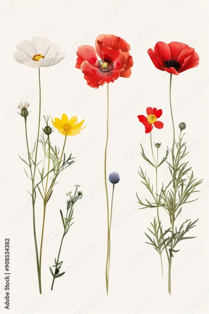 Fototapeta premium Collection of 2D and 3D Vector Flat Abstract Minimalistic Art of Flowers and Meadow Isolated on a White Background
